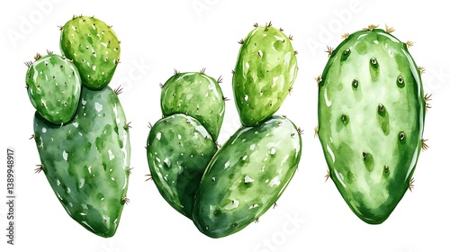 Artistic watercolor illustrations depicting various prickly pear cactus specimens