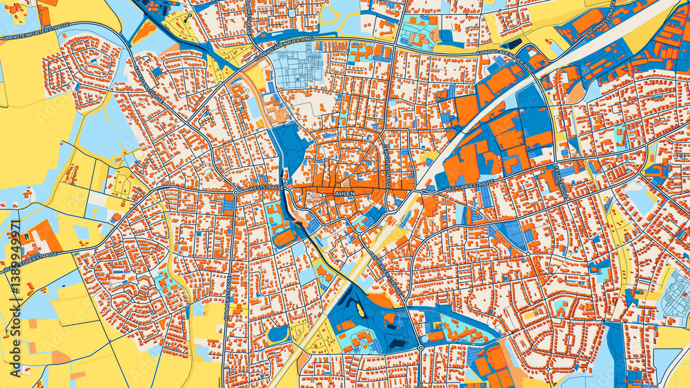 Obraz premium Colorful Ahlen Street Map with Labels and Buildings