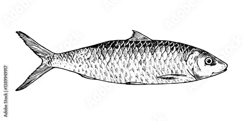 Vector illustration of a herring fish in black and white. This hand drawn sketch features detailed engraving. Perfect for seafood packaging, culinary designs and marine themes