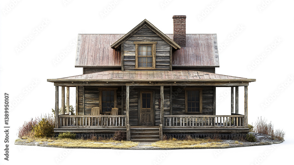 Rustic farmhouse with wooden porch on white background Rustic farmhouse with wooden porch on white background