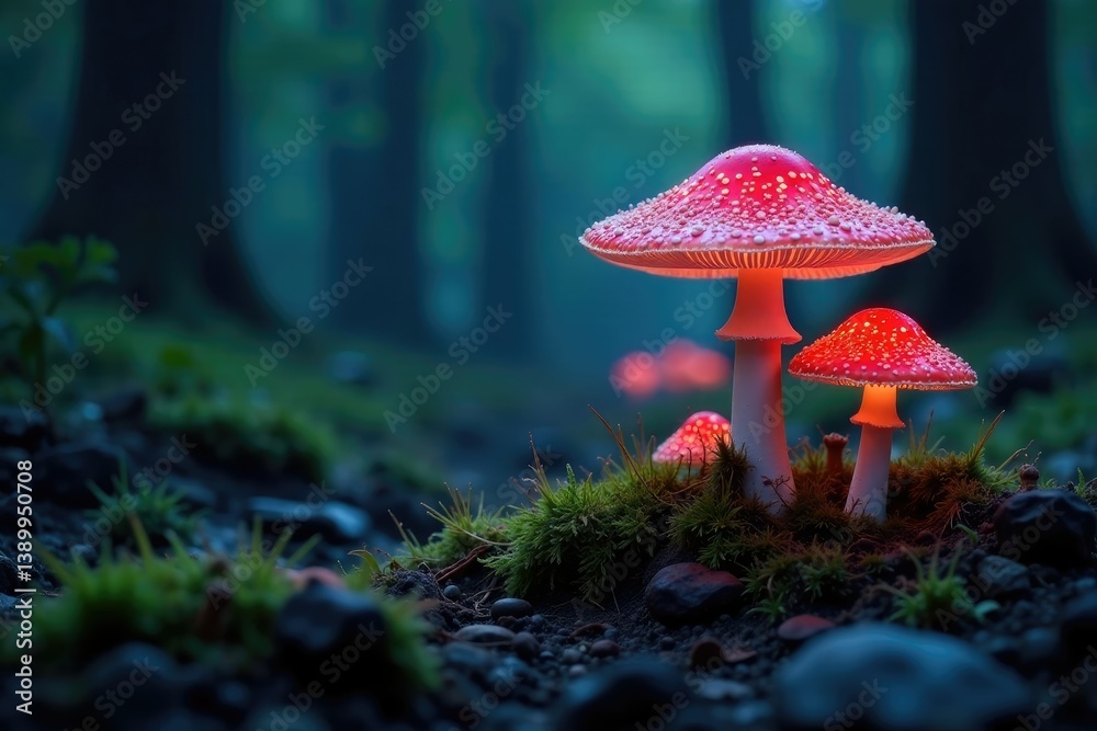 Fototapeta premium Softly glowing luminescent mushrooms in a forest clearing, acceptance, stillness