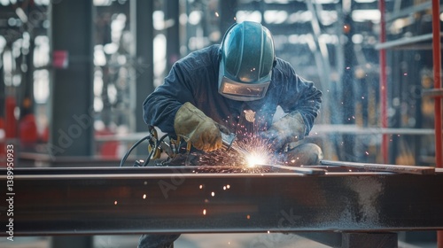 A steelworker welding a steel beam to the framework of a building. Featuring strength and expertise