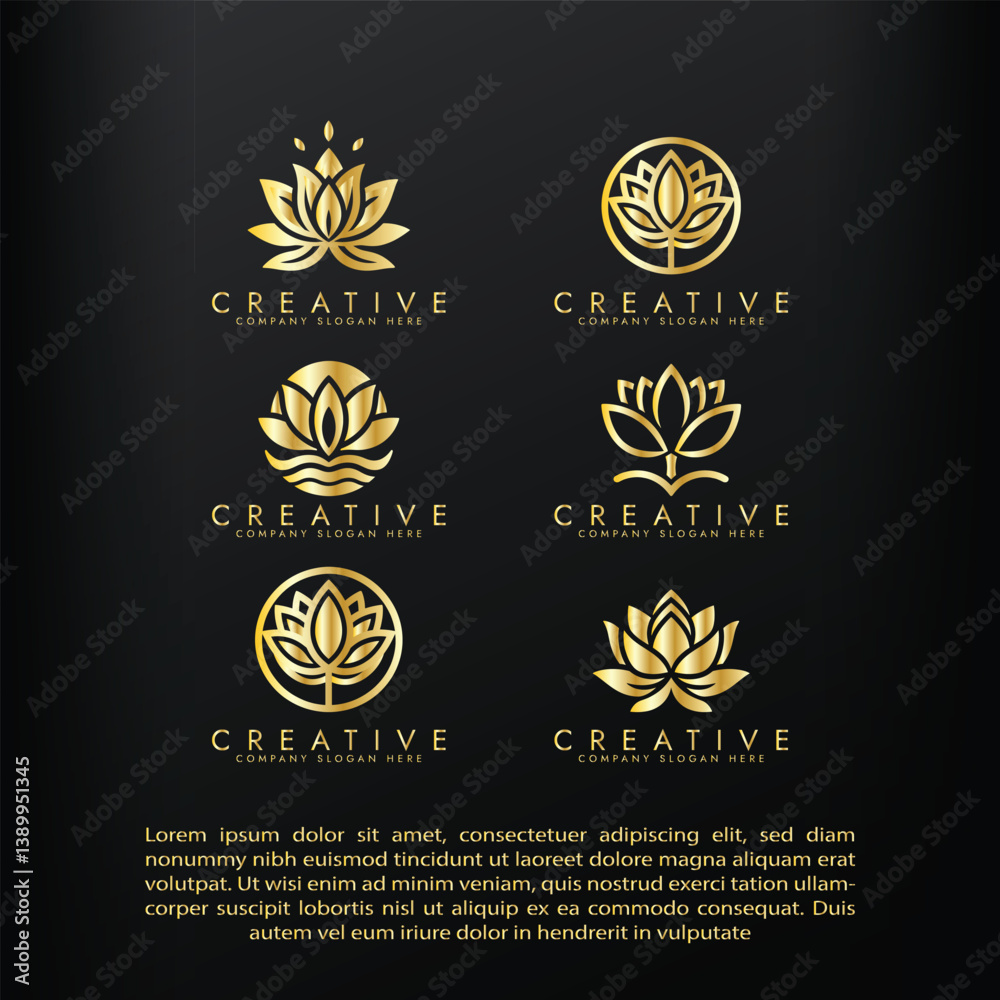 Abstract lotus golden logo set design vector design, Stylized lotus flower collection icon design Abstract lotus golden logo set design vector design, Stylized lotus flower collection icon design