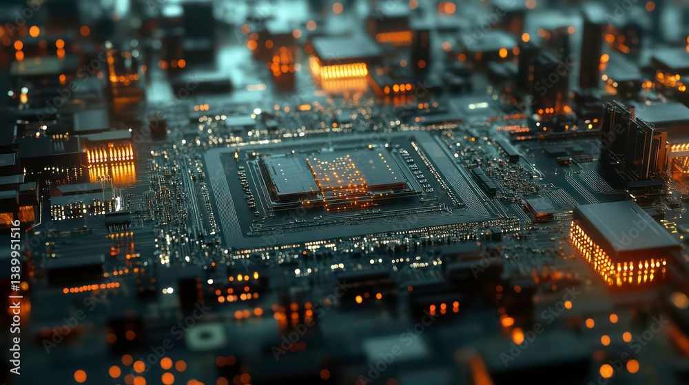 Close-up view of microprocessor placed on circuit board. Advanced tech process in lab setting. Automated manufacturing in tech sector. Modern electric equipment, hardware in production line. Precise Close-up view of microprocessor placed on circuit board. Advanced tech process in lab setting. Automated manufacturing in tech sector. Modern electric equipment, hardware in production line. Precise