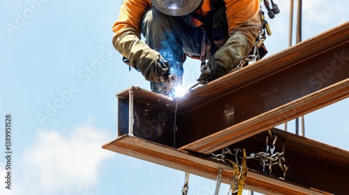A steelworker welding two metal beams together at a construction site. Featuring skill and safety