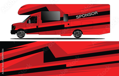Vibrant red camper van with dynamic black stripes parked against a clean white background