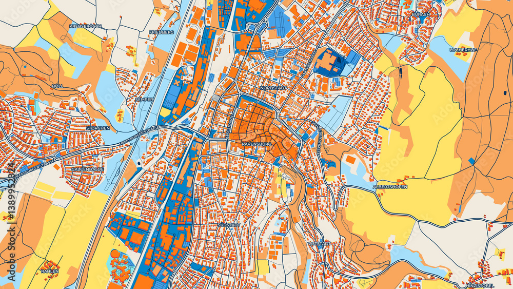 Fototapeta premium Colorful Ravensburg Street Map with Labels and Buildings