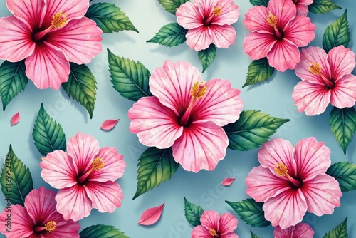 Watercolor hibiscus pattern, soft hues, delicate details , watercolor painting, background