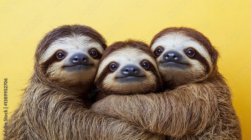 Fototapeta premium Three Sloths Embracing on Yellow Background