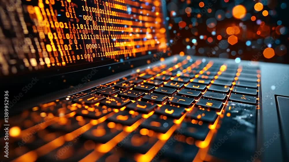 High-tech laptop displaying digital code.  Close-up view of glowing keyboard