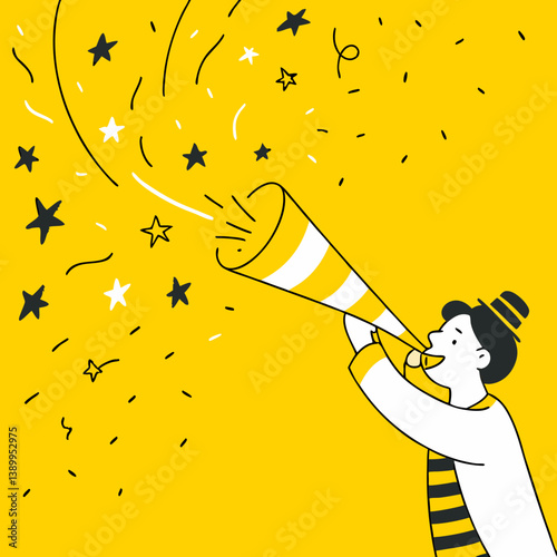 Vector illustration cheerful person in a striped outfit using a megaphone to announce exciting news, surrounded by colorful confetti and stars, exuding joy and celebration.