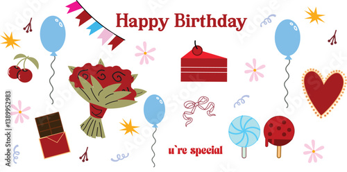 Cute hand-drawn birthday doodles in cartoon style. Includes cakes, balloons, gifts, candles, and party icons. Vector outline set, perfect for cards, stickers, and celebration graphics.

