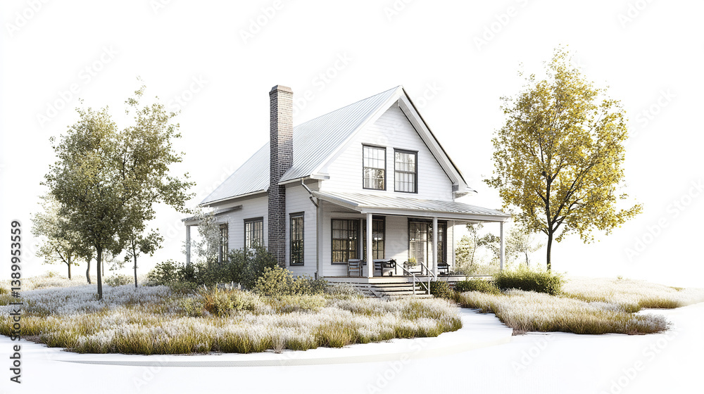 Charming farmhouse with porch surrounded by trees and grass Charming farmhouse with porch surrounded by trees and grass