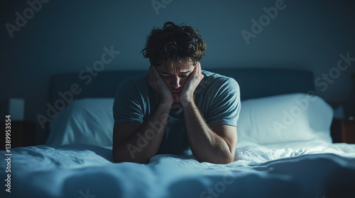 Man sitting on bed at night with hands on face expressing sadness and feelings of depression and anxiety
