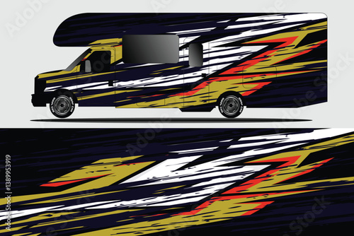 Vibrant RV Design with Dynamic Patterns and Bold Colors Showcasing Outdoor Adventure Spirit