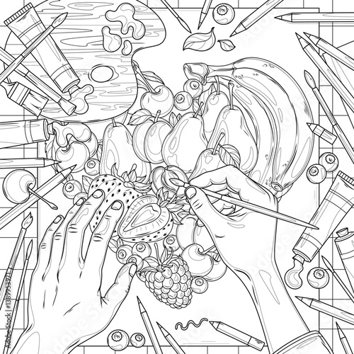The artist's hands paint the fruits top view.Coloring book antistress for children and adults.