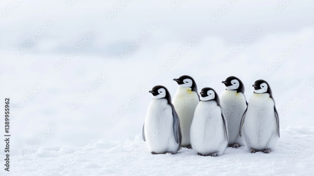 Obraz premium Penguins huddling for warmth antarctica wildlife photography snowy environment close-up view family bonding
