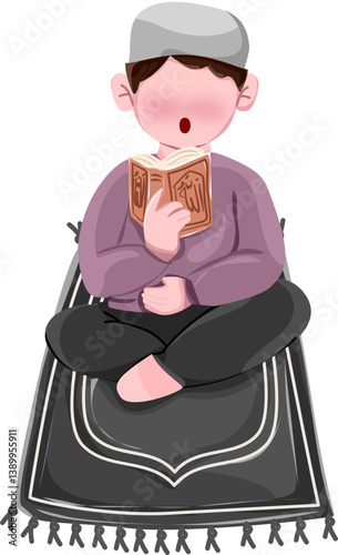 Young Boy in Kufi Cap Reciting from Al Qur'an on Prayer Mat
