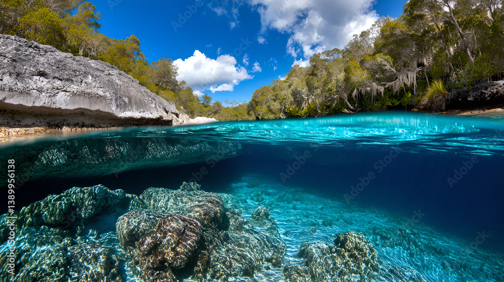 Fototapeta premium Vibrant Turquoise River with Lush Green Banks Under a Blue Sky