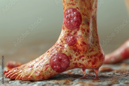 Hyper-realistic illustration of ringworm infection on human leg with circular rash on skin isolated on white background