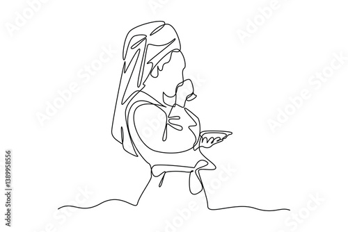 Single continuous line drawing of people are standing drinking coffee. Morning activity minimalist concept. art line. Simple line