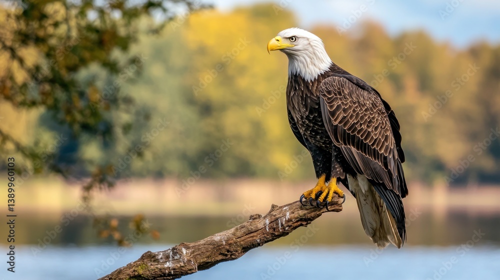 Fototapeta premium Majestic bald eagle perched on branch at gigapixel scale scenic landscape wildlife photography