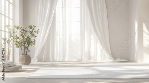A white room with a large window and white curtains