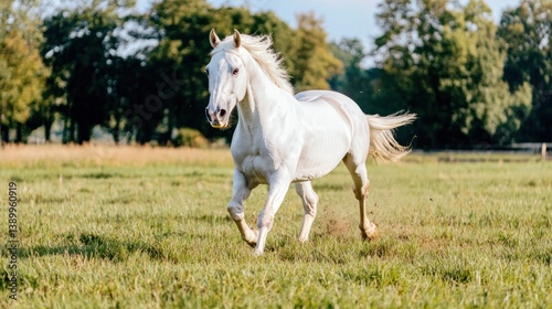 Majestic horse galloping through vast open field nature photography tranquil environment side view freedom concept