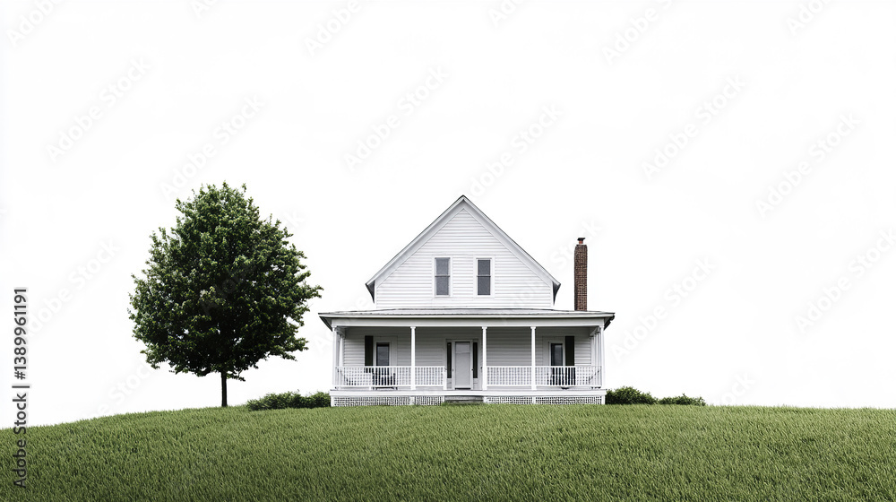 Obraz premium White farmhouse on grassy hill with tree, serene and isolated
