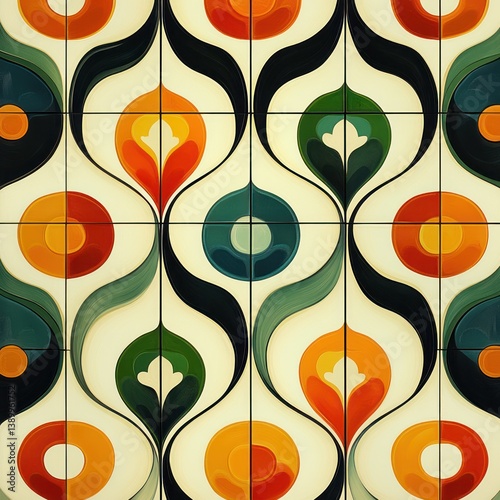 Seamless Abstract Geometric Pattern Design with Vibrant Earthy Tones in Mid-Century Modern Style