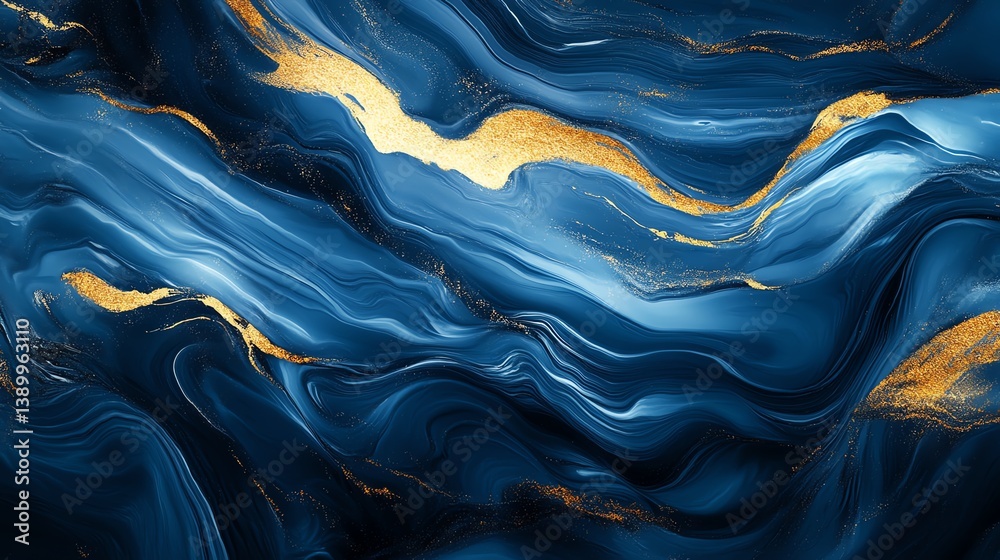 Obraz premium Abstract deep blue ocean waves with soft golden sunlight reflections, peaceful and luxurious