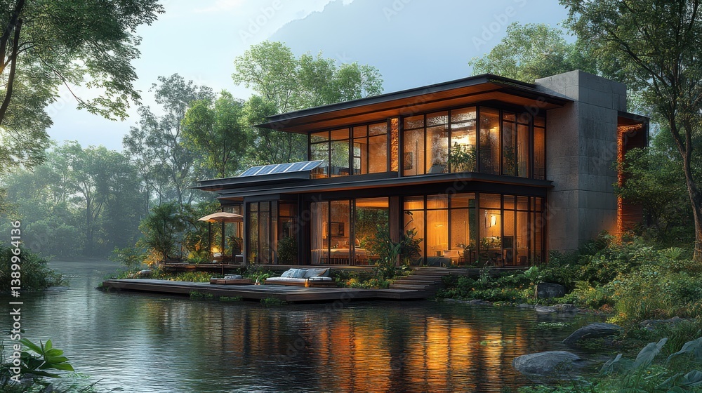 Modern lake house with lush forest. Modern lake house with lush forest.