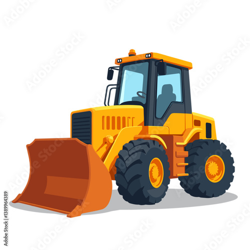 Cartoon bulldozer vehicle in bright yellow against white background  
