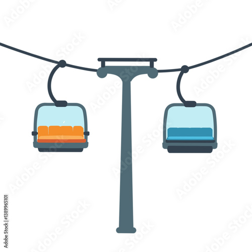 Cable cars traveling on an aerial tramway against a white background  