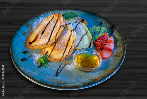 Obraz na płótnie sweet pancakes with syrup, powdered sugar, honey and strawberries served on a blue plate w salonie