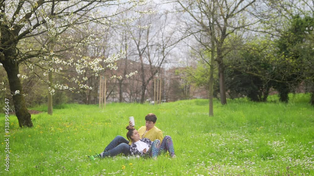 A Couple Enjoying a Relaxing Moment in a Beautiful Green Park During Springtime Bliss A Couple Enjoying a Relaxing Moment in a Beautiful Green Park During Springtime Bliss