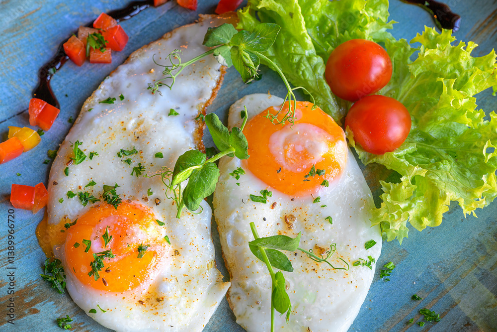 fried eggs on a blue plate lettuce leaf and cherry tomatoes