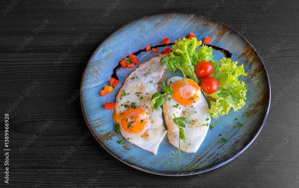 fried eggs on a blue plate lettuce leaf and cherry tomatoes