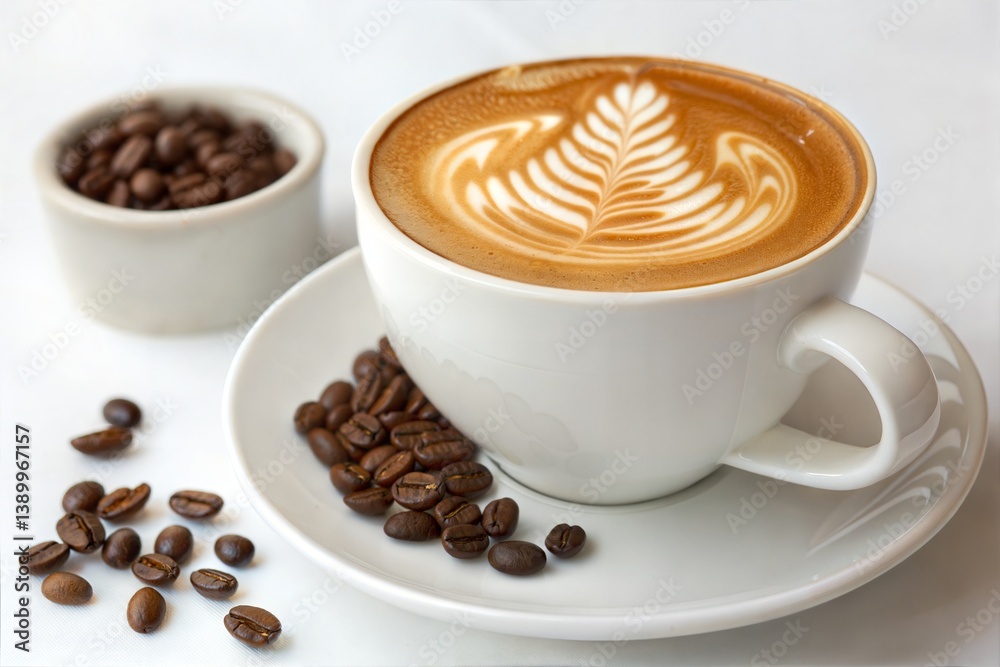 Fototapeta premium Exquisite Latte Art with Coffee Beans on a White Table