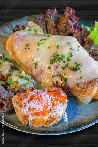 Obraz na płótnie croisant topped with ham and cheese, toasted white bread with tomato and parmesan cheese w salonie