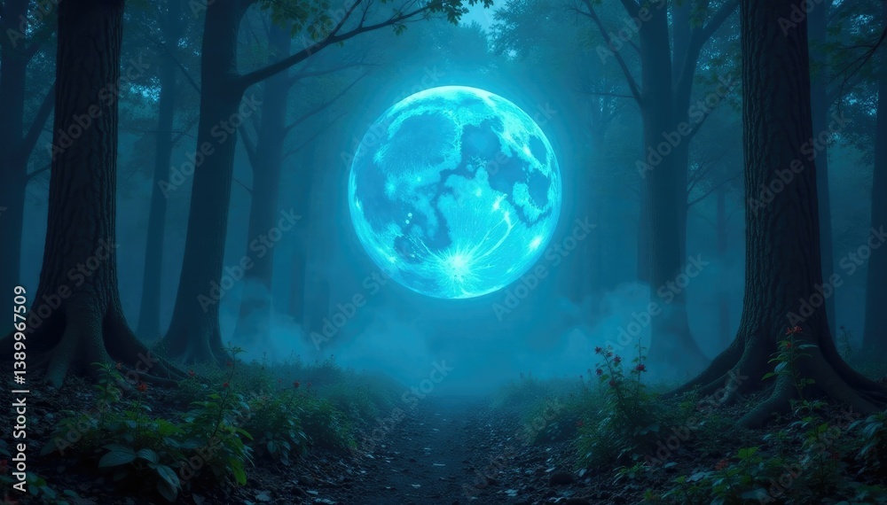 Fototapeta premium An otherworldly blue sphere glows above a misty, mystical forest, woods, mysterious