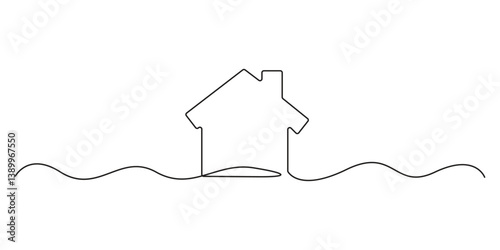 Continuous thin line home vector illustration, minimalist house icon. Single line art cottage building, House continuous one line drawing of house icon Vector illustration