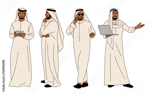 Arab Business man character in different poses, standing in traditional white clothes side, front view with laptop, phone, tablet. Vector outline colored sketch illustration 