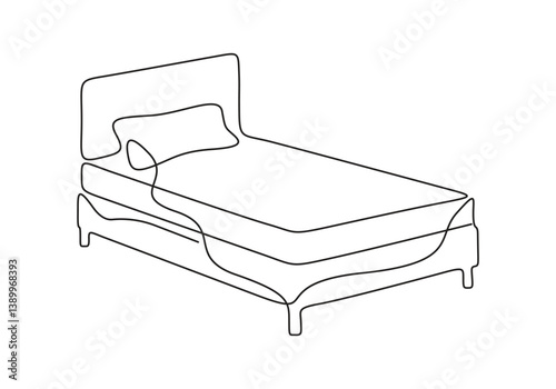 Continuous one line drawing of double bed. Doodle hand drawn vector illustration