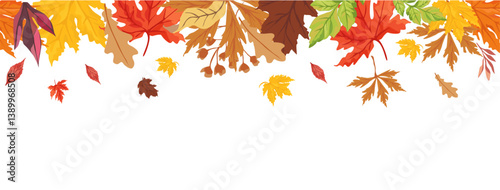 Autumn Leaves seamless Border isolated on White background. Red, yellow and orange fall leaves with copy space. Fall foliage frame for text. Editable vector illustration, template, banner, cover.