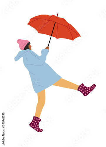 Girl walking with umbrella in rainy weather. Young woman holding parasol in warm and cold rain, shower. Female Character on street in downpour. Flat vector illustration isolated 
