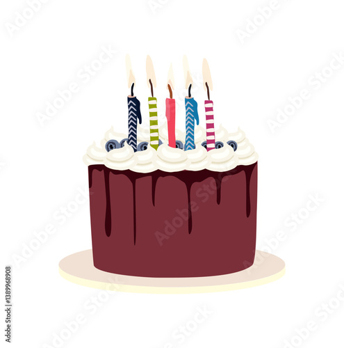 Chocolate sponge cake on plate with candles for birthday  party. Sweet dessert decorated with whipped cream and glaze. Flat vector illustration isolated