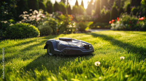 A robotic lawn mower trimming grass in a garden, with smart AI-controlled navigation
