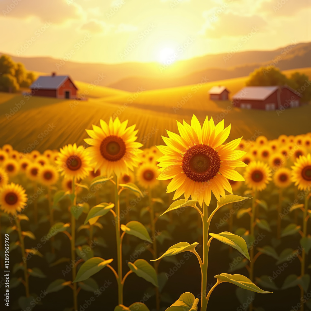 Fototapeta premium Golden Hour Sunflower: Serene Autumn Sunflower Field with a Picturesque Farmhouse and a Winding Country Road
