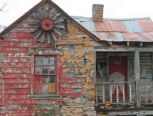 Old homestead decaying facade, vintage windmill, weathered boards in rural setting with overcast sky
